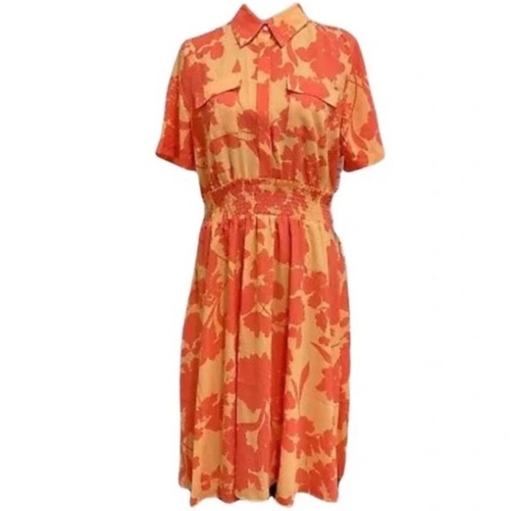 Halogen Atlantic Pacific Coral Cathy Floral Smocked Dress, Size‎ L, NWT